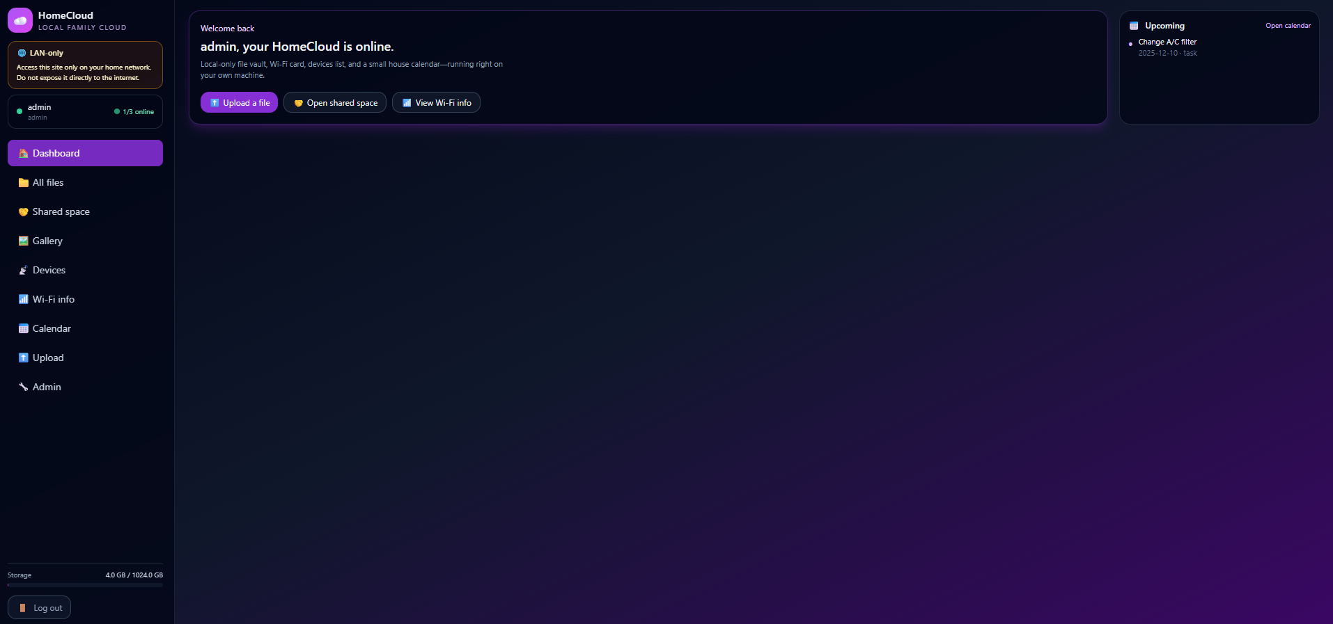 HomeCloud main dashboard